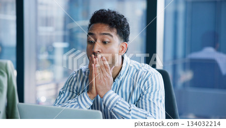 Shock, worry and business man on laptop with online mistake, error and failure in office. Professional, corporate and worker with omg, stress and surprise for crisis, problem and bad news on computer Shock, worry and business man on laptop with online mistake, error and failure in office. Professional, corporate and worker with omg, stress and surprise for crisis, problem and bad news on computer 134032214