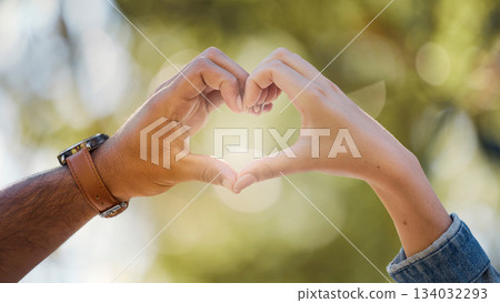 Couple, heart and hands in park of love, date or marriage commitment together in garden. Closeup man, woman and finger shape of care in relationship, support and trust of hope, freedom and emoji sign Couple, heart and hands in park of love, date or marriage commitment together in garden. Closeup man, woman and finger shape of care in relationship, support and trust of hope, freedom and emoji sign 134032293