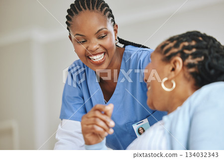 Senior patient, laughing and woman nurse together for support, healthcare and happiness. Black person and happy caregiver in retirement home for trust, elderly care and help for health and wellness 134032343