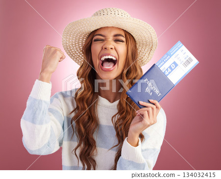 Woman, passport and winner in studio portrait with celebration, celebrate and plane ticket for global immigration. Happy student girl, USA travel documents and shout for freedom, vacation or holiday 134032415