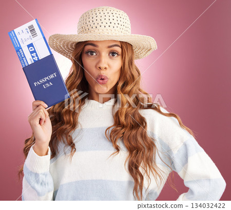 Woman, passport and plane ticket in studio portrait with happiness, identity and paperwork by gradient background. Happy student girl, USA travel documents and smile for freedom, vacation or holiday Woman, passport and plane ticket in studio portrait with happiness, identity and paperwork by gradient background. Happy student girl, USA travel documents and smile for freedom, vacation or holiday 134032422