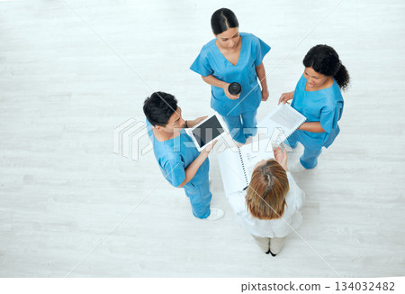 Teamwork, tablet or above of nurses in meeting planning a surgery strategy in collaboration together. Top view of healthcare doctors talking or speaking of online news reports, feedback or research Teamwork, tablet or above of nurses in meeting planning a surgery strategy in collaboration together. Top view of healthcare doctors talking or speaking of online news reports, feedback or research 134032482