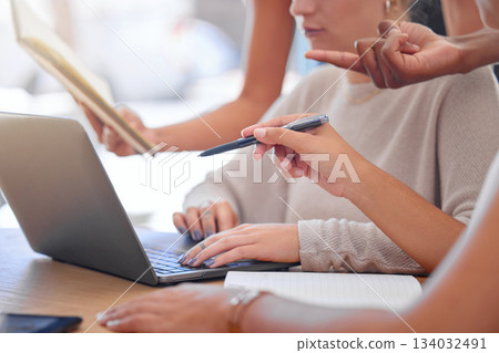 Office hands, laptop and business people collaboration, teamwork or cooperation on brand design, research or planning. Strategy, analysis and busy startup social media manager working on development Office hands, laptop and business people collaboration, teamwork or cooperation on brand design, research or planning. Strategy, analysis and busy startup social media manager working on development 134032491