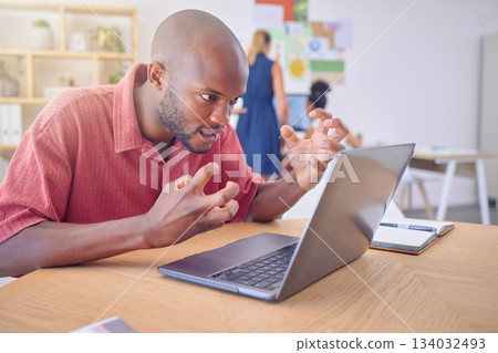 Office laptop, stress and frustrated black man, web designer or person with design, illustration or digital software problem. Mental health, 404 glitch and male angry over wireframe software error Office laptop, stress and frustrated black man, web designer or person with design, illustration or digital software problem. Mental health, 404 glitch and male angry over wireframe software error 134032493