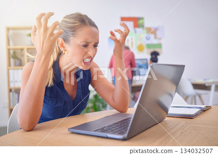 Laptop stress, frustrated and business woman, fashion designer or stylist with design, illustration or digital sketch problem. Mental health, 404 glitch or office person with rendering software error Laptop stress, frustrated and business woman, fashion designer or stylist with design, illustration or digital sketch problem. Mental health, 404 glitch or office person with rendering software error 134032507