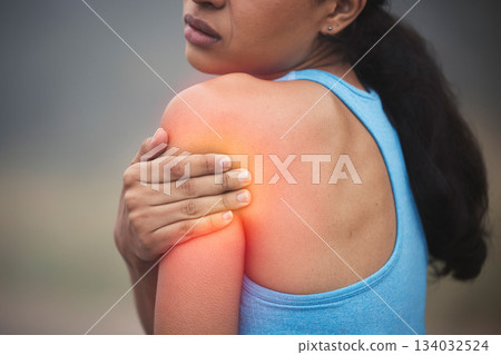 Fitness, arm and woman with shoulder pain injury from workout challenge, sports performance or outdoor exercise. Medical problem, athlete training accident or hurt person with muscle strain emergency Fitness, arm and woman with shoulder pain injury from workout challenge, sports performance or outdoor exercise. Medical problem, athlete training accident or hurt person with muscle strain emergency 134032524