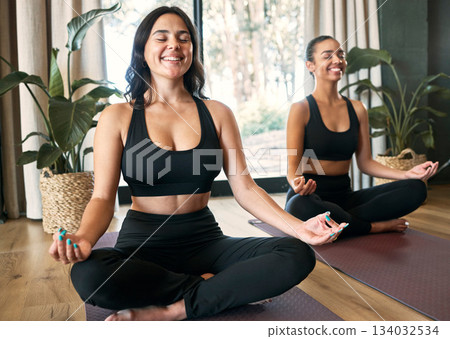 Yoga smile, lotus meditation and women in home for health, wellness or mindfulness exercise. Pilates, zen chakra and happy females, girls or friends training, holistic workout or meditate for peace. Yoga smile, lotus meditation and women in home for health, wellness or mindfulness exercise. Pilates, zen chakra and happy females, girls or friends training, holistic workout or meditate for peace. 134032534