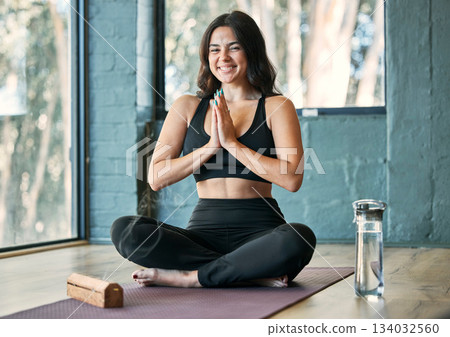 Namaste, yoga and portrait smile of woman in gym for health, wellness and exercise. Pilates, zen meditation and happy female yogi with prayer hands for training, exercising and meditate with incense. 134032560
