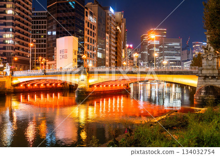 Osaka Prefecture: Night view of Nakanoshima Park and Namba Bridge 134032754