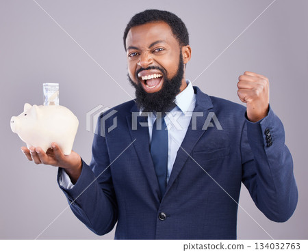 Black man, piggy bank and celebration for financial investment or savings against white studio background. Portrait of excited African businessman holding cash or money pot for winning and investing Black man, piggy bank and celebration for financial investment or savings against white studio background. Portrait of excited African businessman holding cash or money pot for winning and investing 134032763