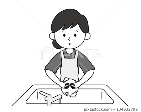 家庭主婦洗碗的插圖，單色 134032799