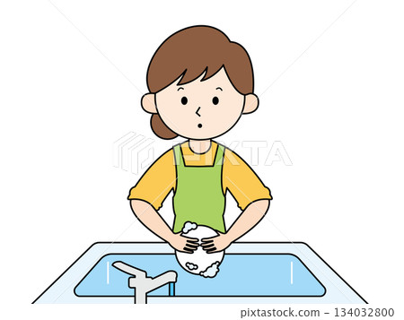 Illustration of a housewife washing dishes, with lines Illustration of a housewife washing dishes, with lines 134032800