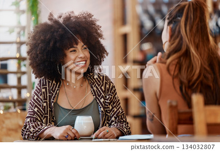 Coffee shop, friends and women in conversation, happy discussion and talking of small business or restaurant review. Excited, gen z and customer or african people chat, funny and drink tea at a cafe 134032807