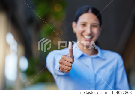 Thumbs up, portrait and business woman for outdoor success, like and okay or support, vote and subscribe sign. Happy face of professional person or winner in yes, winning and agreement hands or emoji Thumbs up, portrait and business woman for outdoor success, like and okay or support, vote and subscribe sign. Happy face of professional person or winner in yes, winning and agreement hands or emoji 134032808