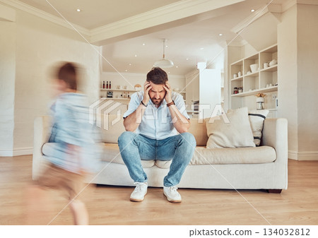 Headache, father and kids running in living room, depression and fatigue. Stress, tired dad and children run in lounge, exhausted or burnout, migraine or frustrated, pain or noise on sofa in house Headache, father and kids running in living room, depression and fatigue. Stress, tired dad and children run in lounge, exhausted or burnout, migraine or frustrated, pain or noise on sofa in house 134032812
