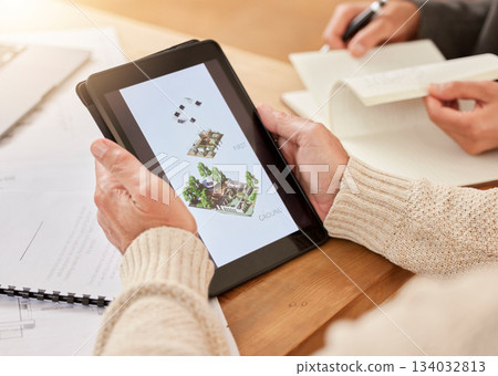 Architect, hands and tablet in construction planning with digital model or design strategy for industrial architecture at office. Hand of engineer with touchscreen display of layout for building plan Architect, hands and tablet in construction planning with digital model or design strategy for industrial architecture at office. Hand of engineer with touchscreen display of layout for building plan 134032813