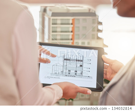 Architect, hands and tablet in construction planning, 3D model or design strategy for industrial architecture at office. Hand of engineering team in meeting on touchscreen for blueprint building plan 134032814