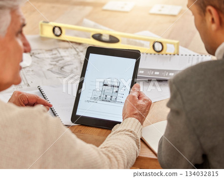 Architect, hands and tablet in construction planning, digital model or design for industrial architecture at office. Hand of engineer team in strategy idea on touchscreen for blueprint building plan Architect, hands and tablet in construction planning, digital model or design for industrial architecture at office. Hand of engineer team in strategy idea on touchscreen for blueprint building plan 134032815
