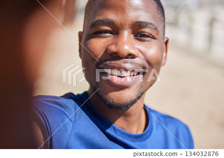 Selfie, fitness and smile with portrait of black man for running, wellness and happiness. Social media, influencer and photography with male jogger in outdoors for picture, exercise and training Selfie, fitness and smile with portrait of black man for running, wellness and happiness. Social media, influencer and photography with male jogger in outdoors for picture, exercise and training 134032876