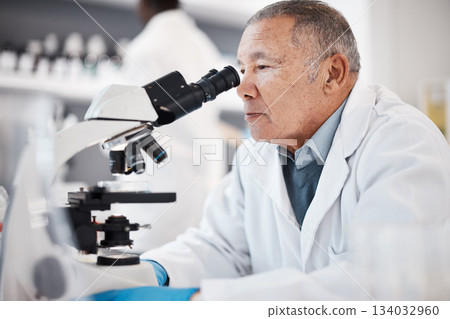 Science, laboratory and senior scientist with microscope for research, medical study and analytics. Healthcare, biotechnology and old man with sample for experiment, vaccine development and medicine Science, laboratory and senior scientist with microscope for research, medical study and analytics. Healthcare, biotechnology and old man with sample for experiment, vaccine development and medicine 134032960