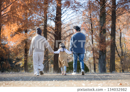 Family playing in autumn park. Back view of a family holding hands, image of outing and leisure Family playing in autumn park. Back view of a family holding hands, image of outing and leisure 134032982