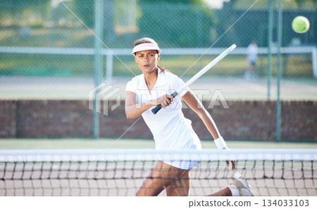 Exercise, tennis sports and woman on court outdoors for match, game or competition. Training, summer and female athlete with racket for exercising, practice or workout for wellness, health or fitness Exercise, tennis sports and woman on court outdoors for match, game or competition. Training, summer and female athlete with racket for exercising, practice or workout for wellness, health or fitness 134033103