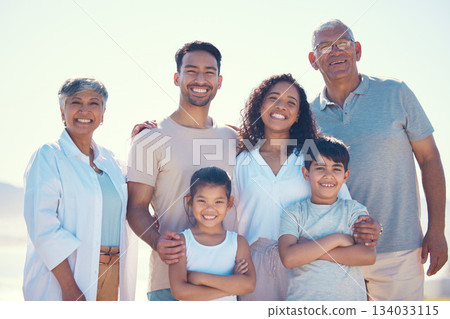 Family, parents and grandparents with kids in portrait, love and care, generations outdoor in backyard. Bonding, trust and happiness, spending quality time together and men with women and children Family, parents and grandparents with kids in portrait, love and care, generations outdoor in backyard. Bonding, trust and happiness, spending quality time together and men with women and children 134033115