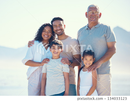 Family, portrait and smile with generations, love and travel, relationship with grandfather, parents and children outdoor. Bonding, care and happiness, spending quality time together and happy people 134033123