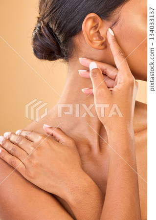 Beauty, woman and skin with hands and profile, manicure and nails with cosmetic care on studio background. Dermatology, natural cosmetics and female skincare with glow, wellness and self love Beauty, woman and skin with hands and profile, manicure and nails with cosmetic care on studio background. Dermatology, natural cosmetics and female skincare with glow, wellness and self love 134033137