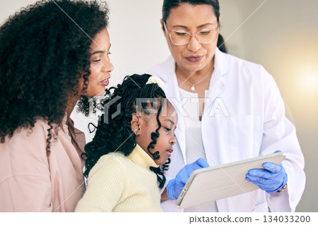 Tablet, healthcare and doctor with a mother and child in discussion on test results in the hospital. Professional, communication and female medical worker on a mobile device with the mom and kid. Tablet, healthcare and doctor with a mother and child in discussion on test results in the hospital. Professional, communication and female medical worker on a mobile device with the mom and kid. 134033200