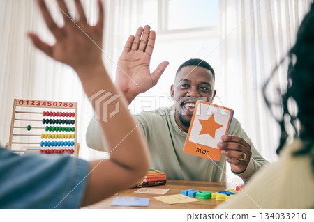 Learning, high five and father with children for homework, school activity and learning shapes at home. Black family, education and happy dad with kids smile for creative teaching, lesson and help 134033210