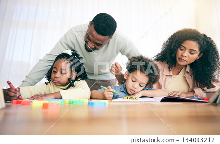 Learning, writing and parents with children with homework, school activity and learning at home desk. Black family, education and mom, dad and kids with paper, drawing and crayon for teaching lesson Learning, writing and parents with children with homework, school activity and learning at home desk. Black family, education and mom, dad and kids with paper, drawing and crayon for teaching lesson 134033212