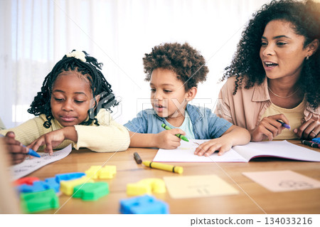 Books, drawing and mom with children for homework, school activity and learning with paper. Black family, education and happy mother with boy and girl smile for teaching, lesson and help at home Books, drawing and mom with children for homework, school activity and learning with paper. Black family, education and happy mother with boy and girl smile for teaching, lesson and help at home 134033216