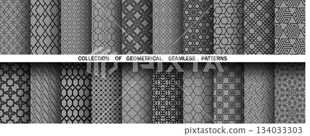 Geometric set of seamless black and gray patterns. Simple vector graphics Geometric set of seamless black and gray patterns. Simple vector graphics 134033303