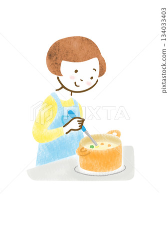 Illustration of a woman in an apron cooking 134033403