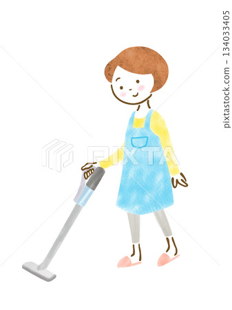 Illustration of a woman in an apron vacuuming 134033405