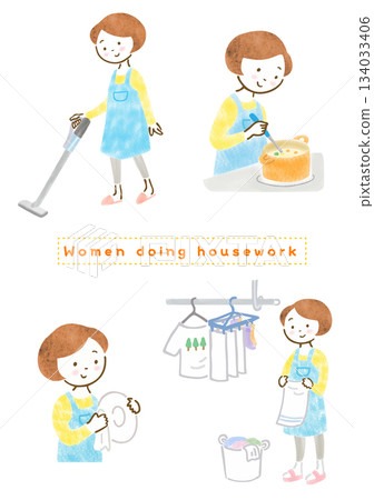Illustration set of a woman in an apron doing housework 134033406
