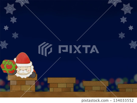 Illustration of Santa Claus entering a line of chimneys carrying presents at night (no text) 134033552