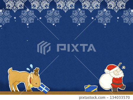 聖誕老人丟下禮物，馴鹿撿起禮物的插圖（深藍色，無文字） 134033570