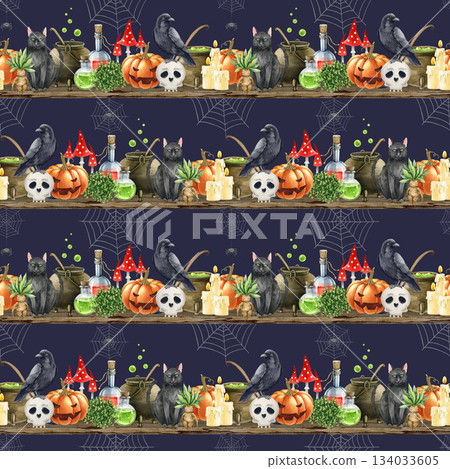 Halloween mood witchcraft ingredients seamless pattern festive decoration. Vintage style watercolor illustration. Hand drawn cauldron, potion bottle, cat, raven, scull, pumpkins on dark background Halloween mood witchcraft ingredients seamless pattern festive decoration. Vintage style watercolor illustration. Hand drawn cauldron, potion bottle, cat, raven, scull, pumpkins on dark background 134033605