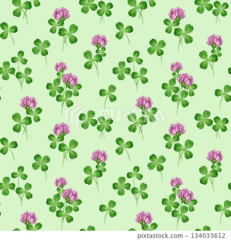 Red clover medicinal plant seamless pattern on green background. Hand drawn Trifolium pratense watercolor illustration. Red clover herb flowers, leaves seamless pattern decor element Red clover medicinal plant seamless pattern on green background. Hand drawn Trifolium pratense watercolor illustration. Red clover herb flowers, leaves seamless pattern decor element 134033612