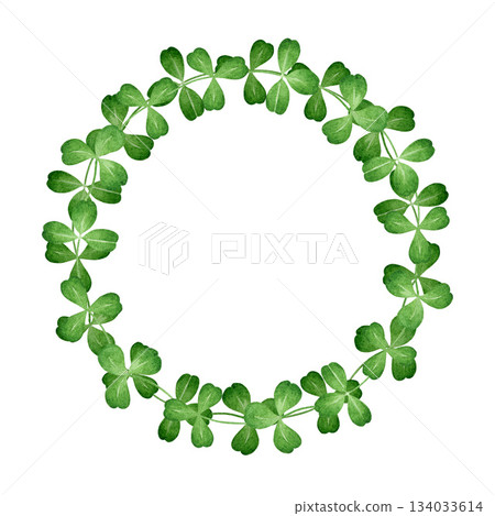 Green clover leaf round wreath decoration element. Hand drawn watercolor vintage style illustration. Green clover leaves floral frame decor isolated on white background Green clover leaf round wreath decoration element. Hand drawn watercolor vintage style illustration. Green clover leaves floral frame decor isolated on white background 134033614