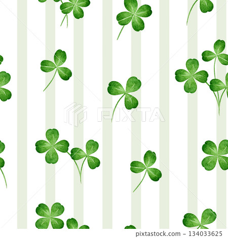 Shamrock leaves on striped background seamless pattern design element. Hand drawn green clover leaf pattern watercolor illustration floral decoration Shamrock leaves on striped background seamless pattern design element. Hand drawn green clover leaf pattern watercolor illustration floral decoration 134033625