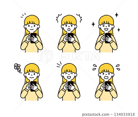 Vector illustration set of teenage women and female students with various facial expressions operating smartphones 134033918