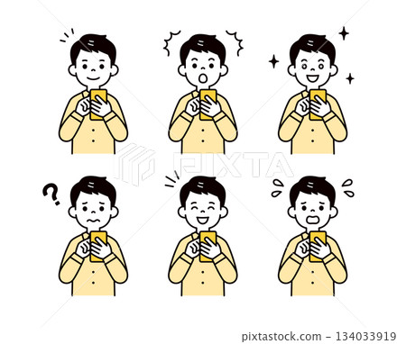Vector illustration material set of young men and office workers with various facial expressions operating smartphones 134033919