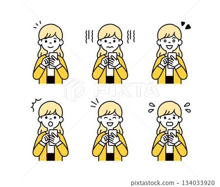 Vector illustration material set of young women and housewives with various facial expressions operating smartphones 134033920