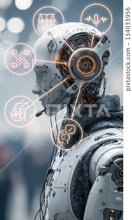 Advanced artificial intelligence robot processing digital data, showcasing future of automation and sophisticated technology Advanced artificial intelligence robot processing digital data, showcasing future of automation and sophisticated technology 134033956