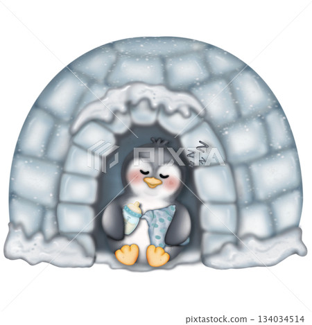Cute hand drawn penguins collection in winter  kids cartoon set. Penguin animal winter, illustration holiday character 134034514