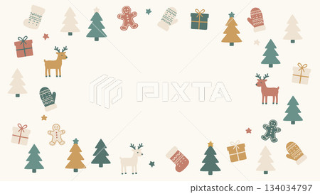 Cute hand-drawn muted color Nordic Christmas frame background 134034797