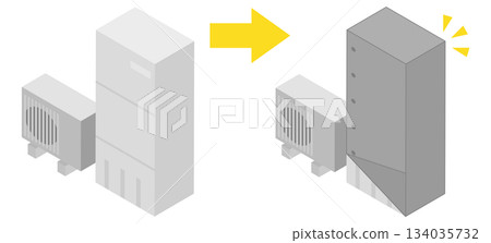 Isometric images of a water heater before and after covering 134035732